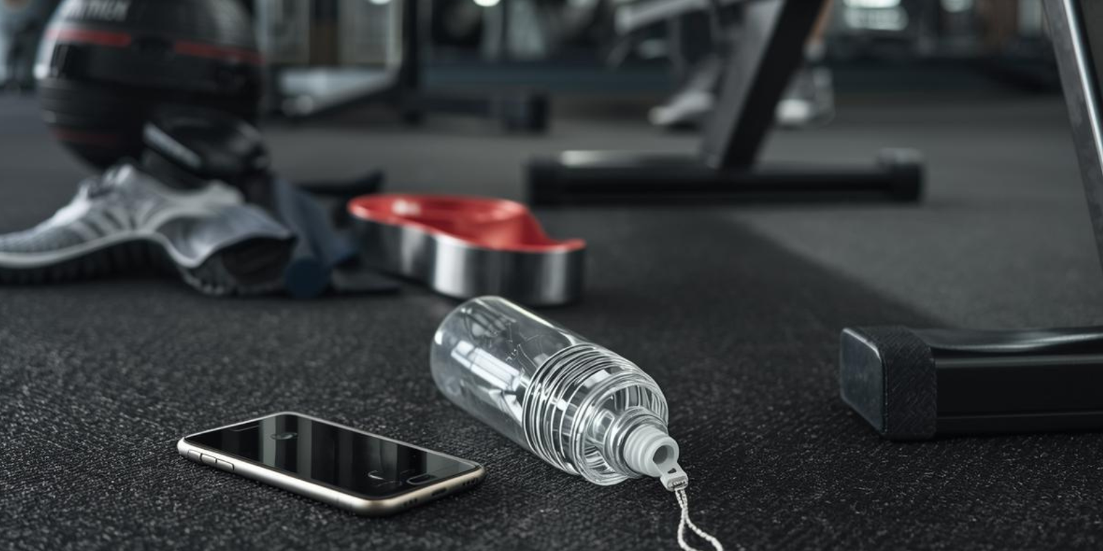 téléphone et gourde posés au sol dans une salle de sport