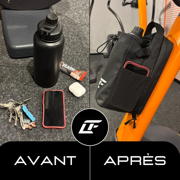 Comparatif avant après avec affaires éparpillées au sol puis rangées dans le sac de sport magnétique LIUMFIT fixé sur structure métallique.