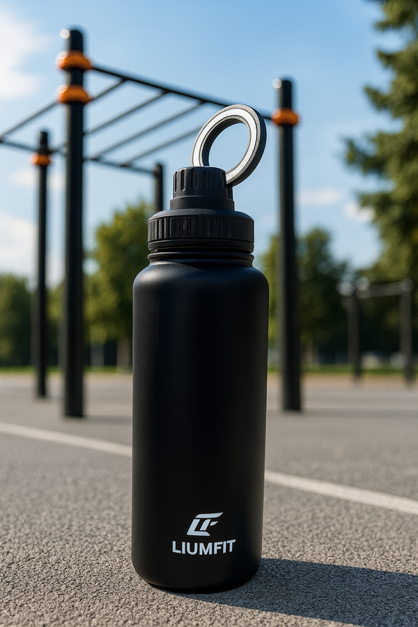 Gourde de sport LIUMFIT avec support téléphone magnétique intégré posée devant structure de street workout.