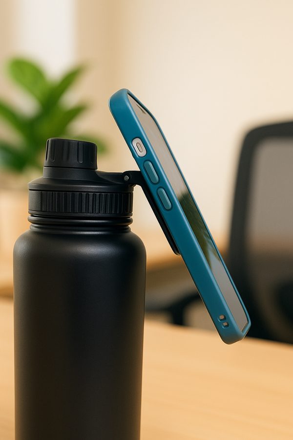 Gourde LIUMFIT avec smartphone fixé sur support magnétique intégré.