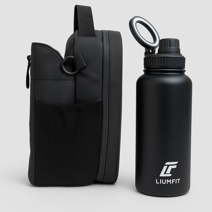 Pack duo magnétique LIUMFIT avec sac de sport magnétique et gourde avec socle magnétique intégré pour smartphone.