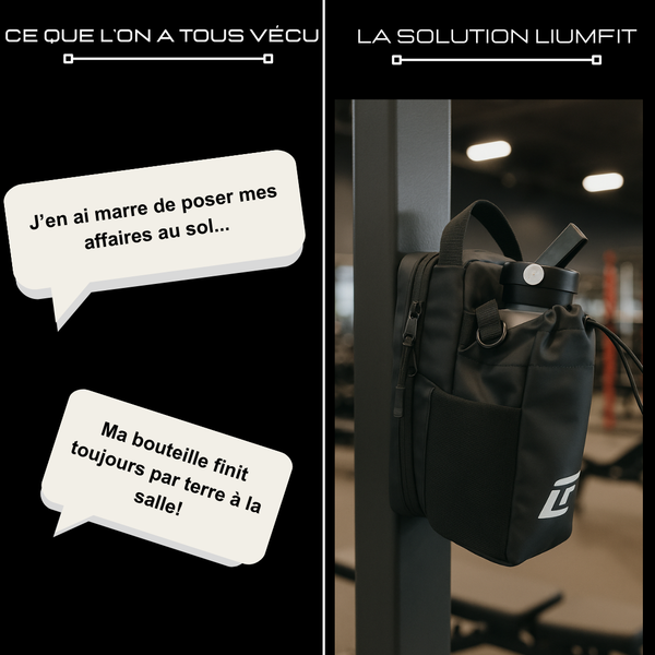 Sac de sport magnétique LIUMFIT fixé sur machine de musculation en salle de sport avec gourde.